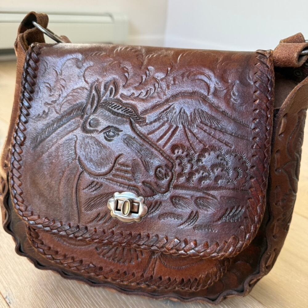 Vintage Hand-Tooled Leather Horse Western Crossbody Saddle Bag Cowboy Core